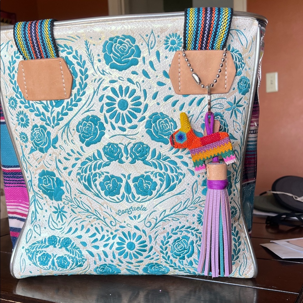 Consuela Teal and Cream Floral Tote